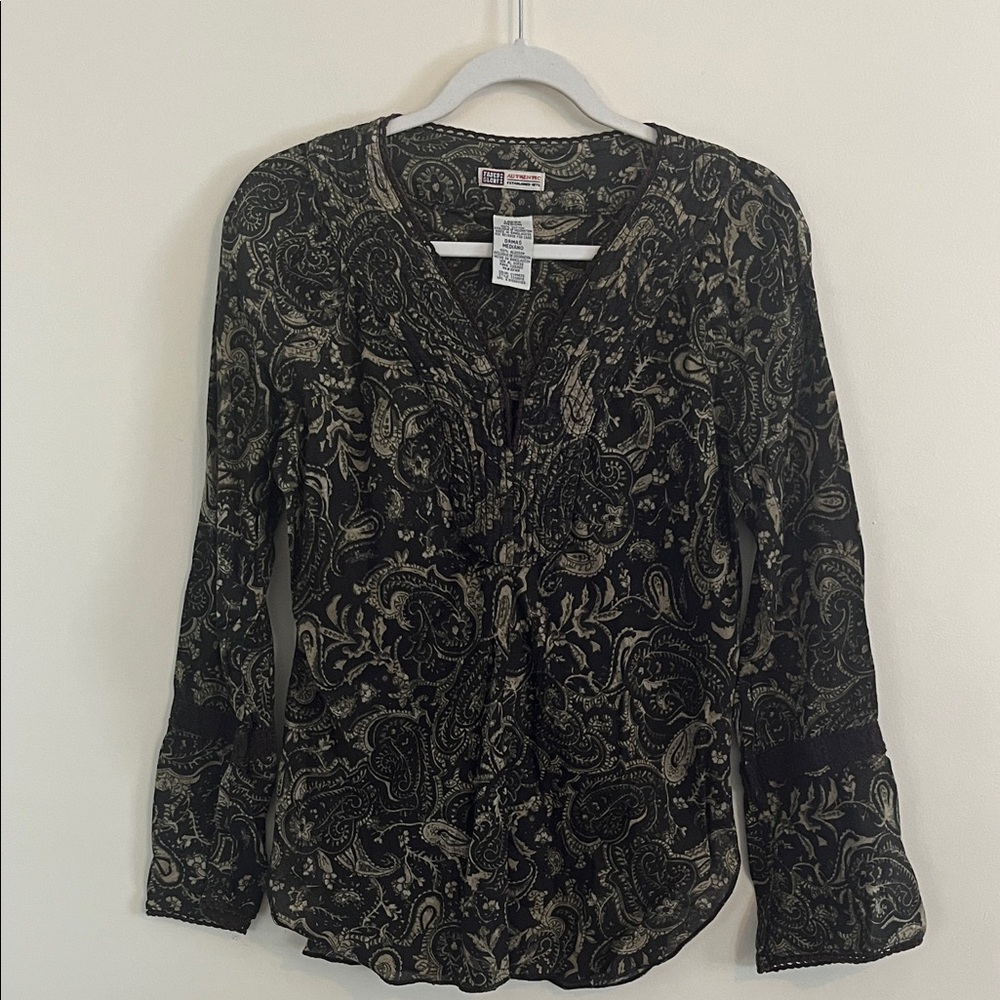 Vintage Faded Glory Paisley Boho Top Blouse Lace Y2k M Green Earthy Fairy Cotton - Picture 1 of 5
